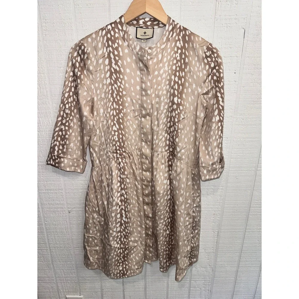 Tuckernuck Mini Dress Womens Tan Fawn Spotted Button Front Pocket XS